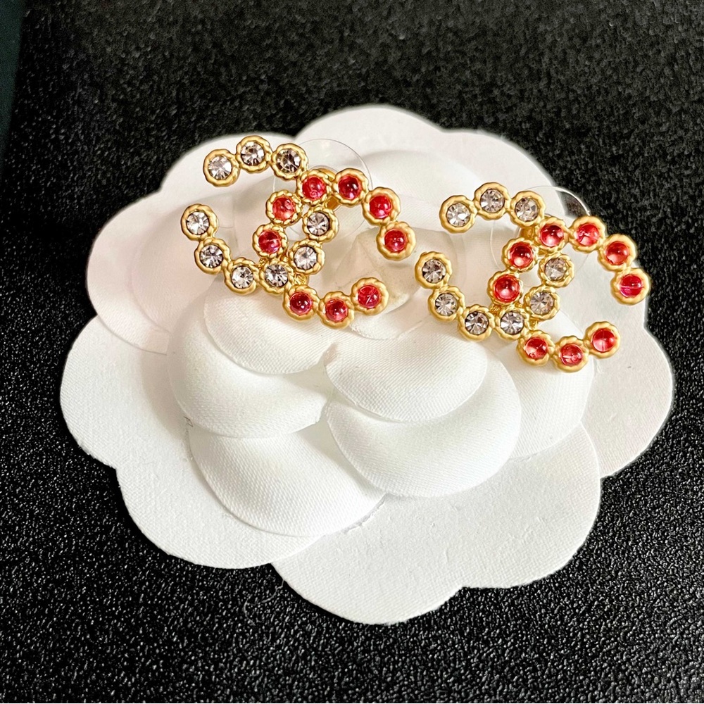 CHANEL Gold Earrings with Red and White Crystals - Picture 3 of 4